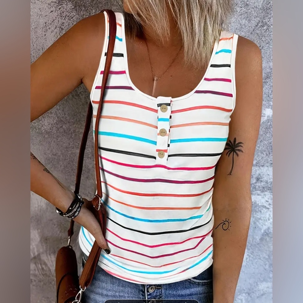 Striped Sleeveless Top with Wooden Button Detail Large